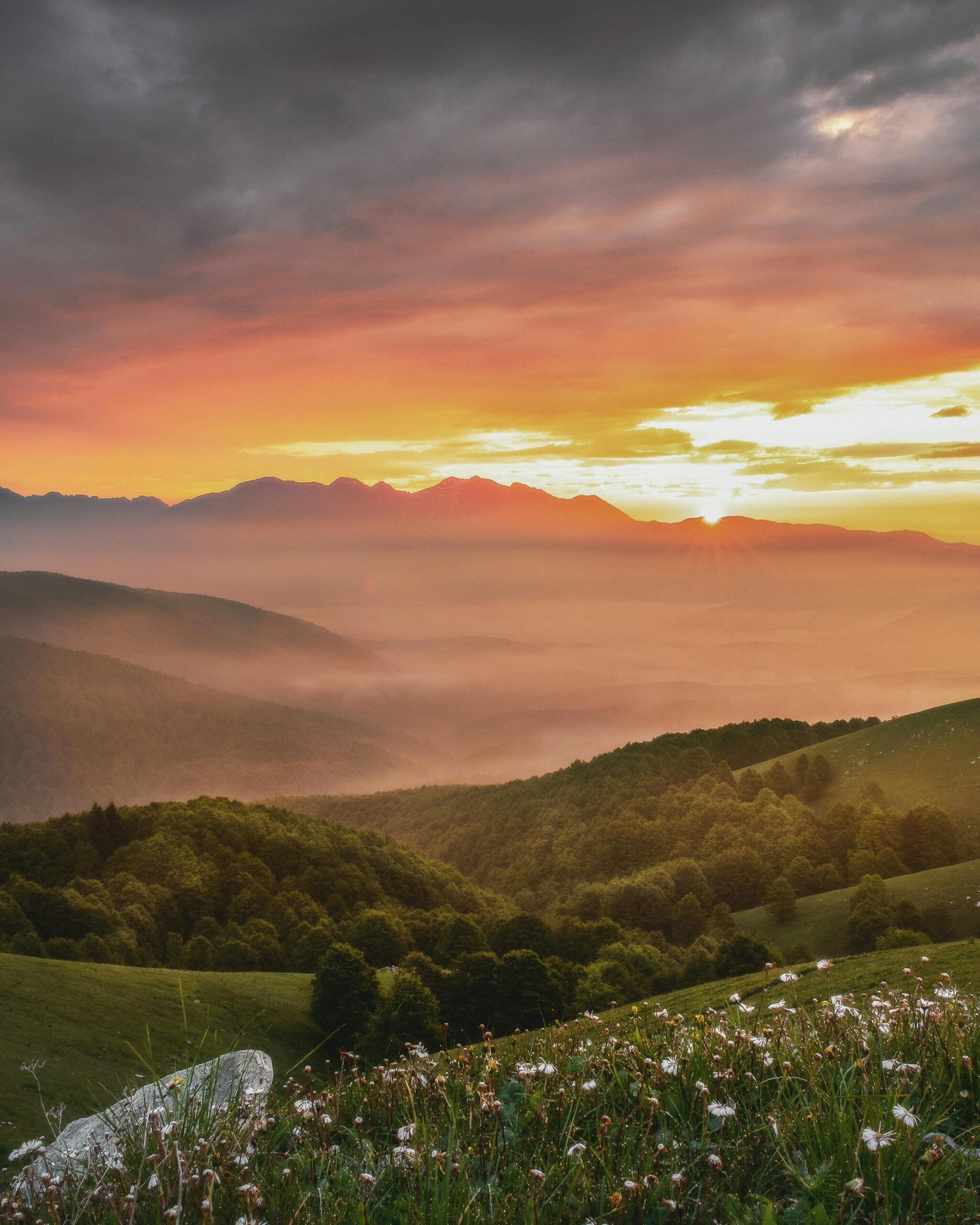 A serene mountain landscape at sunrise with misty valleys, lush forests, and vibrant skies.